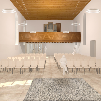 Modell des Architekturbüros m8architekten mit einem hellen Kirchenraum mit den neuen Stühlen